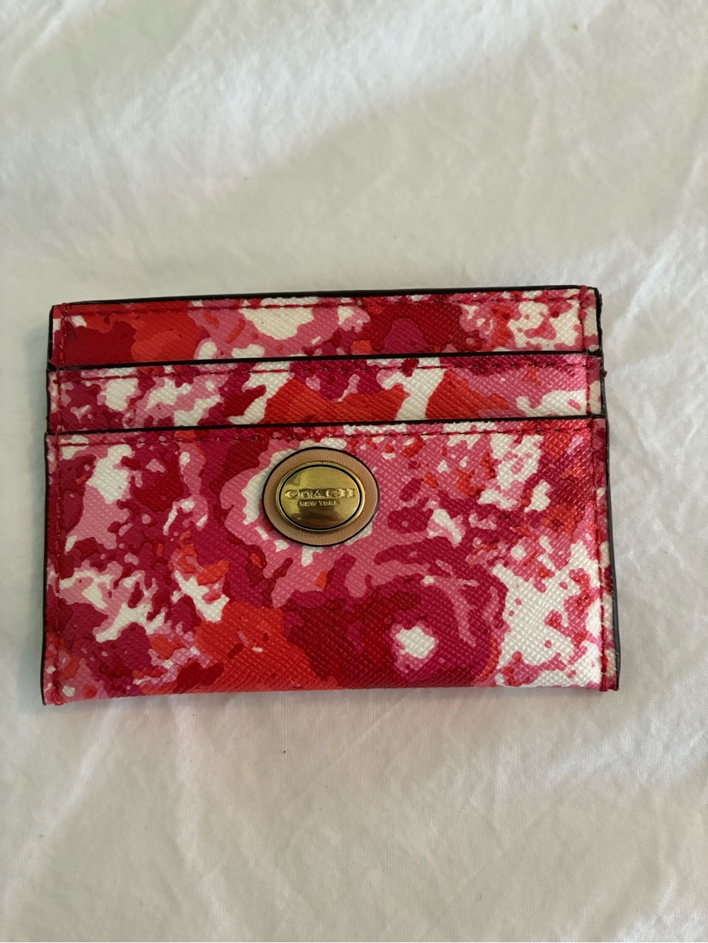 Coach Pink Red Floral Card Case with Gold-Tone Logo